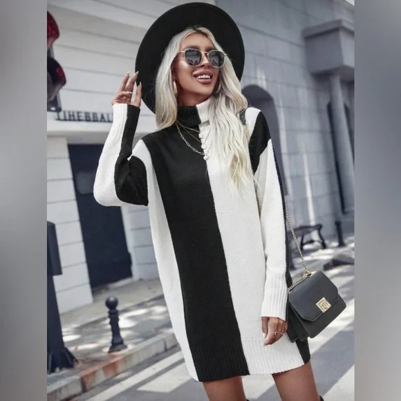 Chic Black and White Color Block Women's Sweater Dress - Picture 1 of 2
